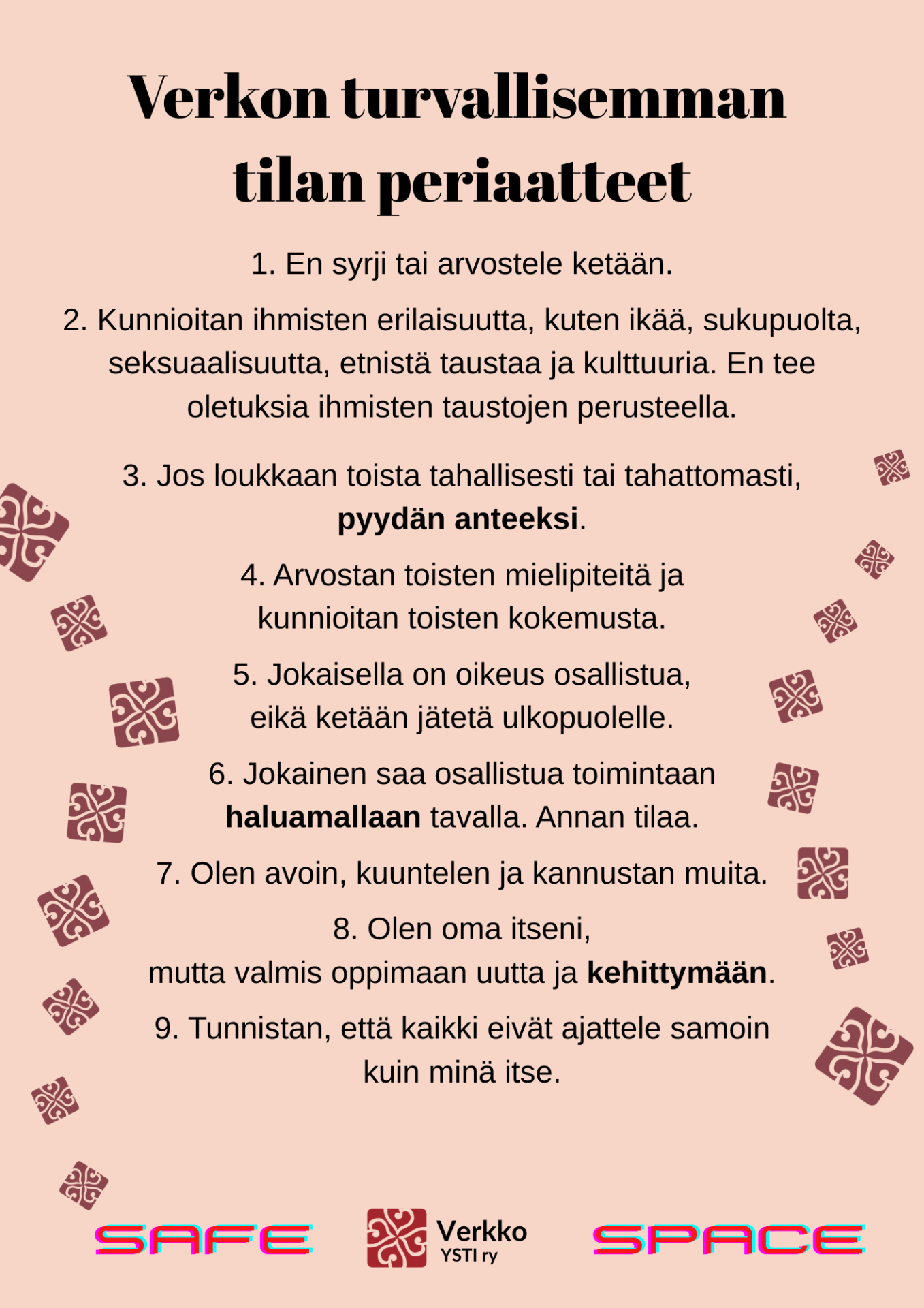 Vaaleanpunainen juliste, jossa teksti “Verkon turvallisemman tilan periaatteet” ja numeroidut kohdat "1. En syrji tai arvostele ketään.
2. Annan tilaa toisille. En häiritse metelöimällä, koskettamalla tai tulemalla liian lähelle.
3. Jos loukkaan toista, pyydän anteeksi.
4. Arvostan toisten mielipiteitä ja kunnioitan toisten kokemusta.
5. En käytä loukkaavaa kieltä tai eleitä.
6. Kunnioitan toisia ja heidän arvojaan.
7. Puutun epäkunnioittavaan käytökseen." sekä koristekuvioita yhdistyksen logosta.